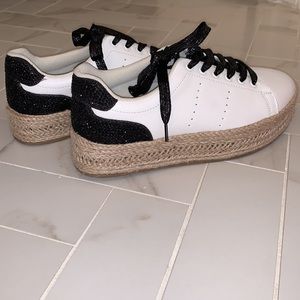White leather espadrille size 37 (7) black sparkly laces and crystal back shoes